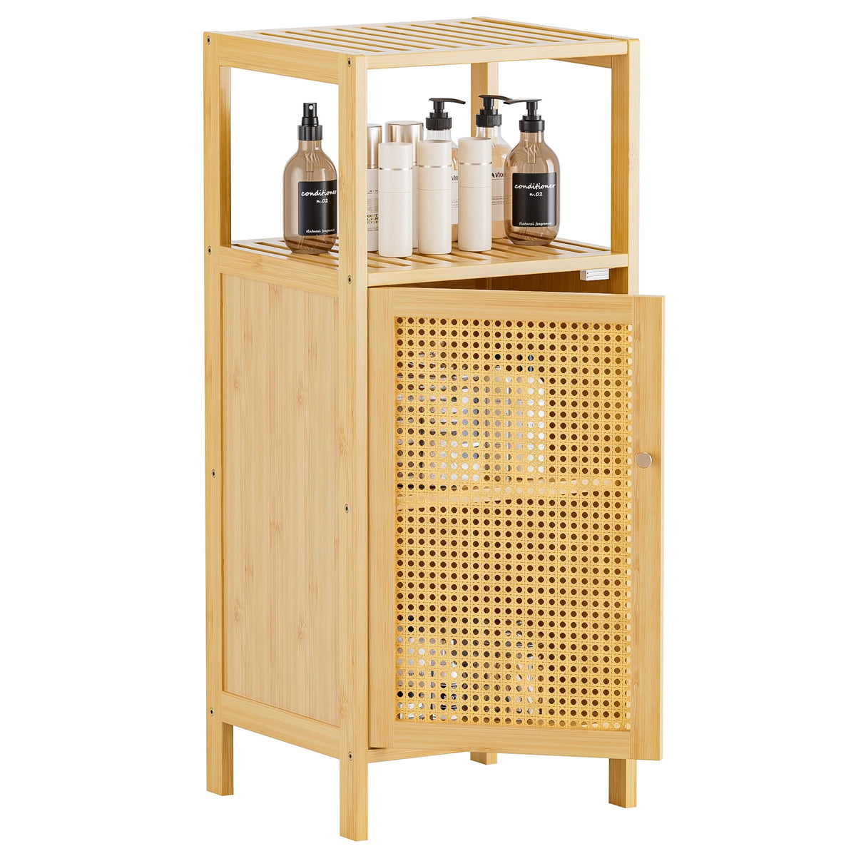 HITNET Rattan Bathroom Storage Cabinet, Small Bamboo Floor Cupboard with Door, Freestanding Narrow Side Organizer for Living Room, Kitchen, Entryway,
