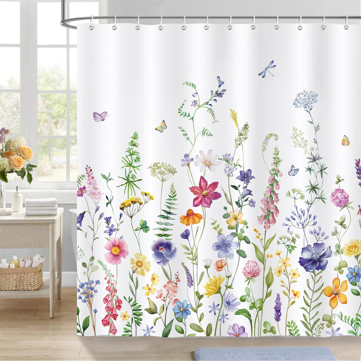 Bonhause Floral Shower Curtain, Watercolor Wildflower Butterfly Spring Bathroom Curtain 180 x 180 cm Waterproof Mildew and Mould Resistant Polyester