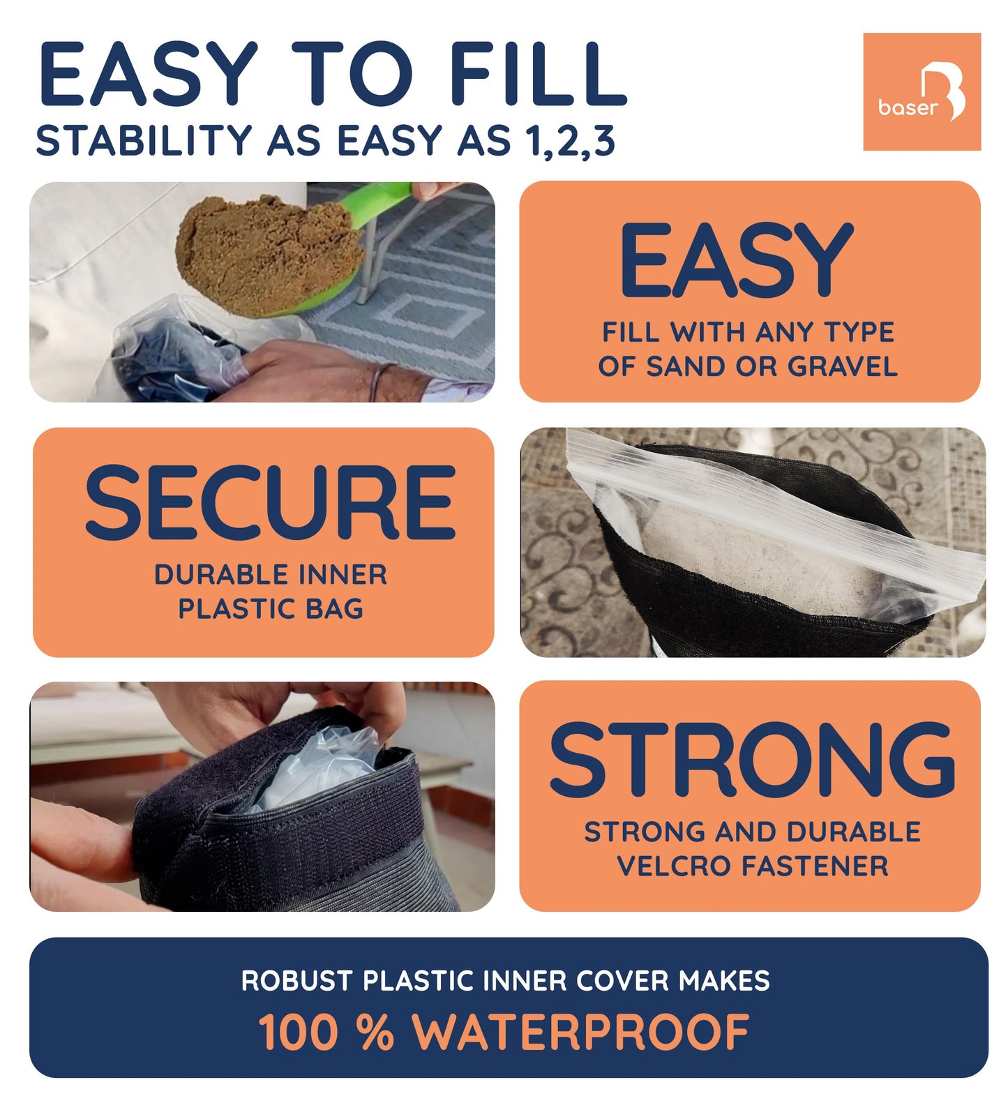 Baser - Outdoor fillable curved sandbags, 4 x 20 KG fillable weight bags for parasols, cantilevers and garden accessories