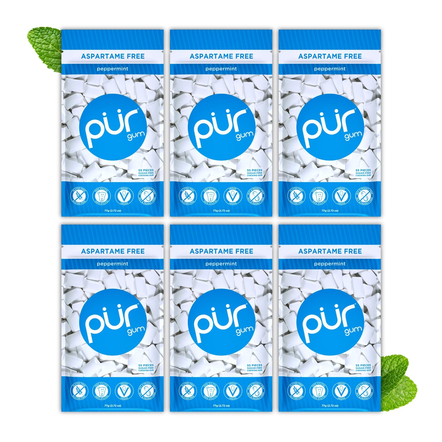 PUR Gum | Sugar Free Chewing Gum | Made with Xylitol | Vegan, Aspartame Free, Gluten Free and Keto Friendly | Natural Peppermint Flavoured Gum, 55