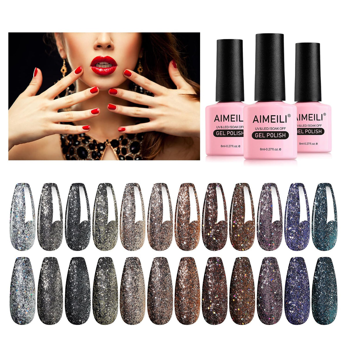 AIMEILI 12 Colors Christmas Glitter Gel Nail Polish Shiny Chunky Glitter Gel Polish Soak Off U V Nail Gel Sparkly Gel Nail Art Manicure Varnish Set
