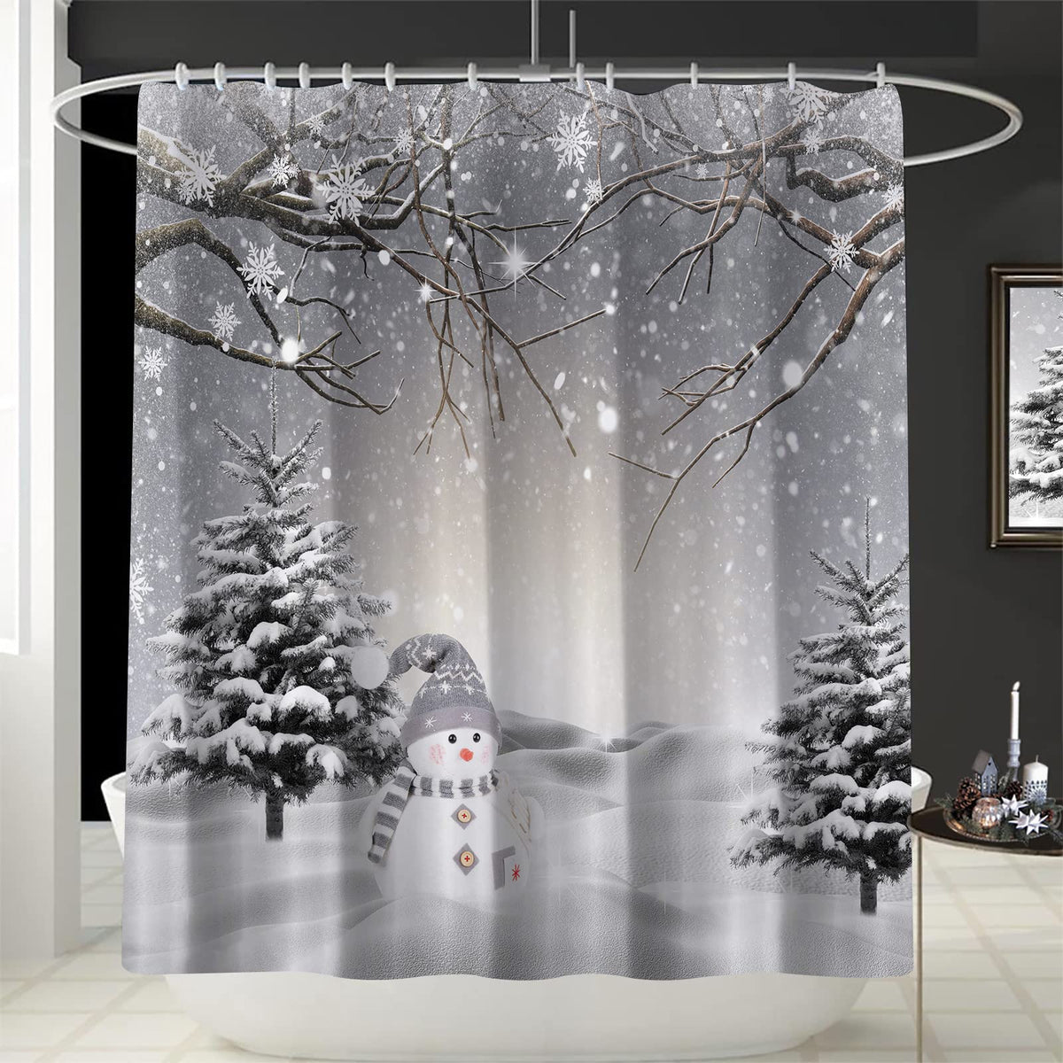 GOOESING Winter Christmas Shower Curtain, Cute Snowman Snowflake Scene Shower Curtains for Bathroom, Pine Tree Covered Snow Fabric Bath Curtains Set