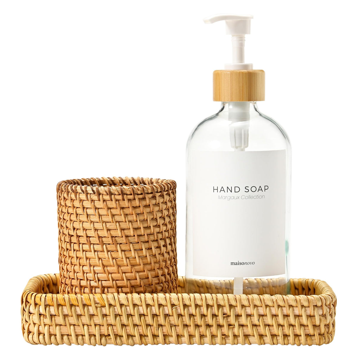 MaisoNovo Rattan Bathroom Set - Clear Countertop Dispenser, Toothbrush Holder & Toothpaste Cup with Tray - Set of 3 - Rattan Bathroom Vanity Trays