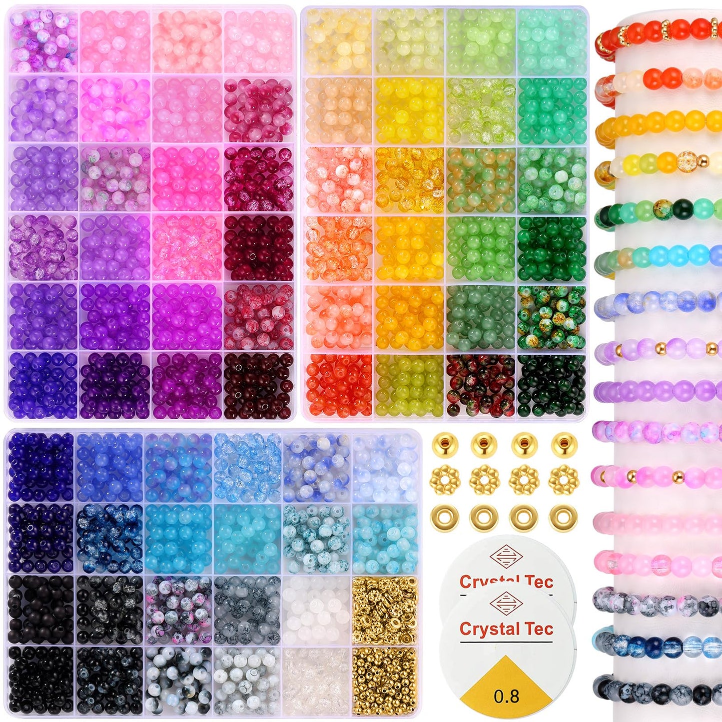 Funtopia 6mm Glass Beads for Bracelets Making, 2700pcs 70 Colors Crackle Glass Beads for Jewellery Making, Funtopia Round Jade Crystal Gemstone Bead