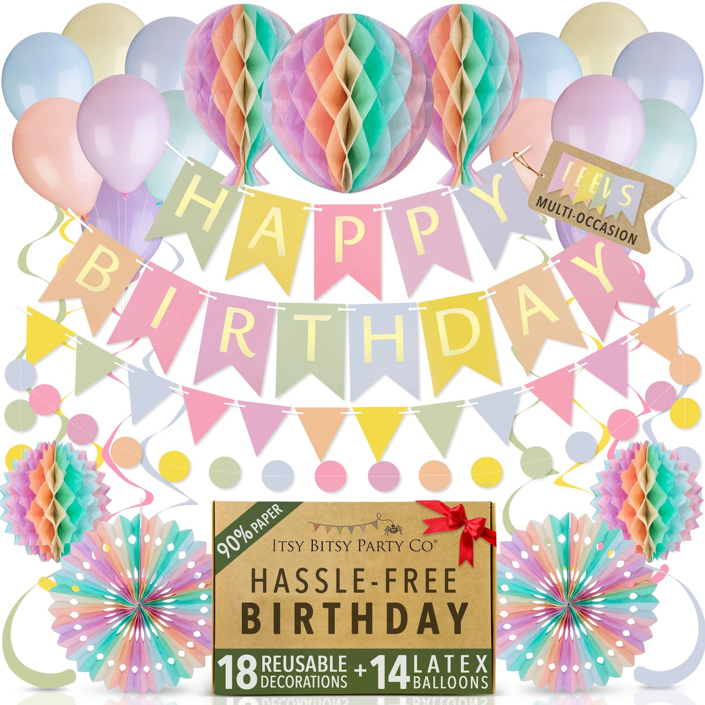 Premium Reusable Party Decorations - Pastel Birthday Set with Balloons, Banner, Bunting, Honeycomb Decorations, Pom Poms, Streamers