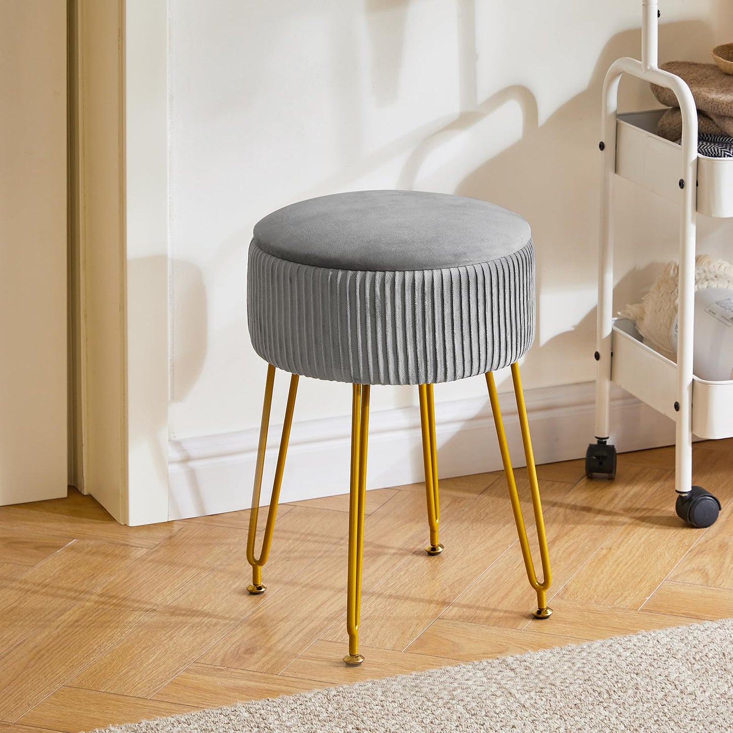 IBUYKE Storage Footrest Chair Ottoman, Makeup Vanity Stool, Grey L/G-20G
