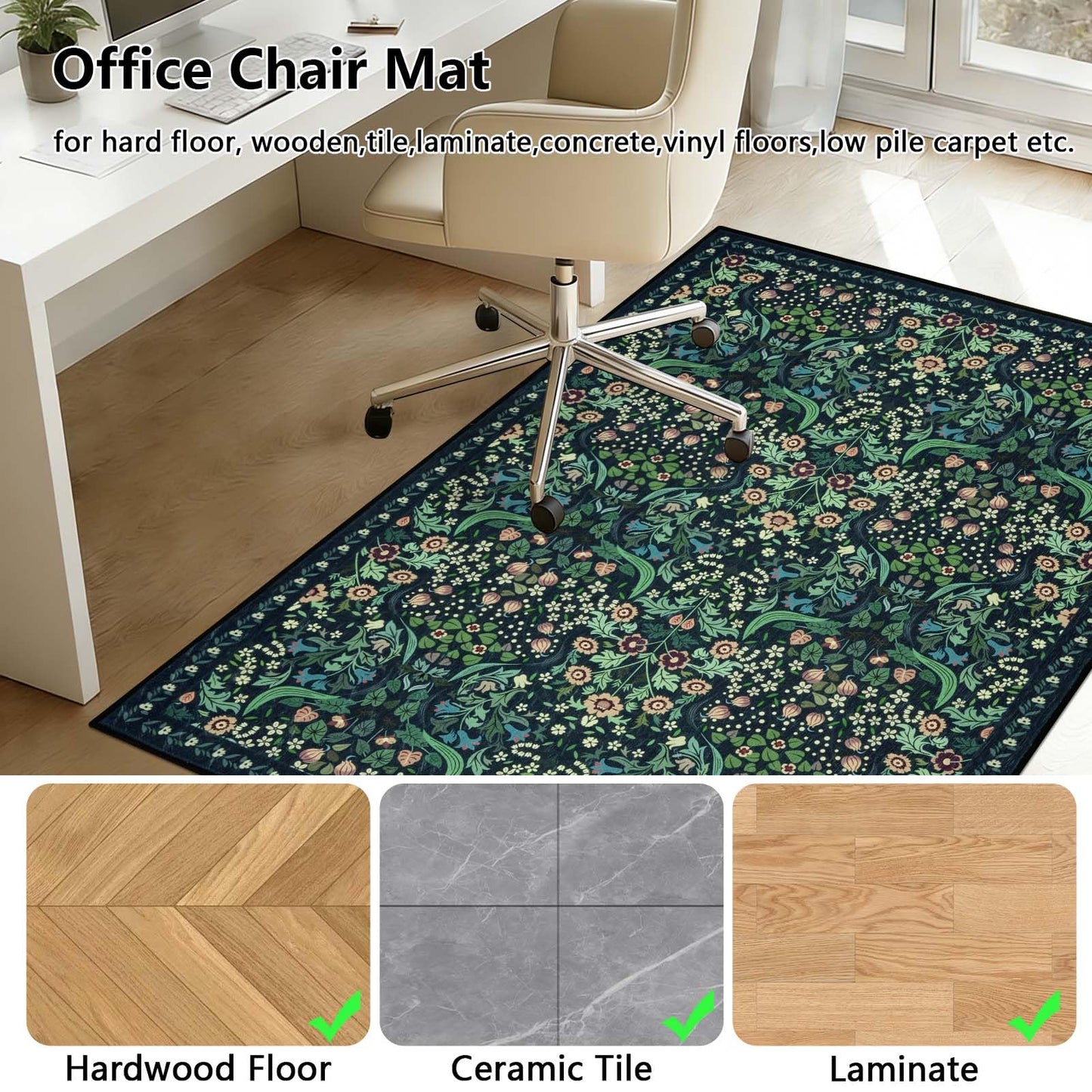 Famibay Office Chair Mat for Hardwood Floor 120x150cm Dark Green Chair Floor Protection Mat Rubber Non Slip Desk Chair Mat Large Hard Floor Protector