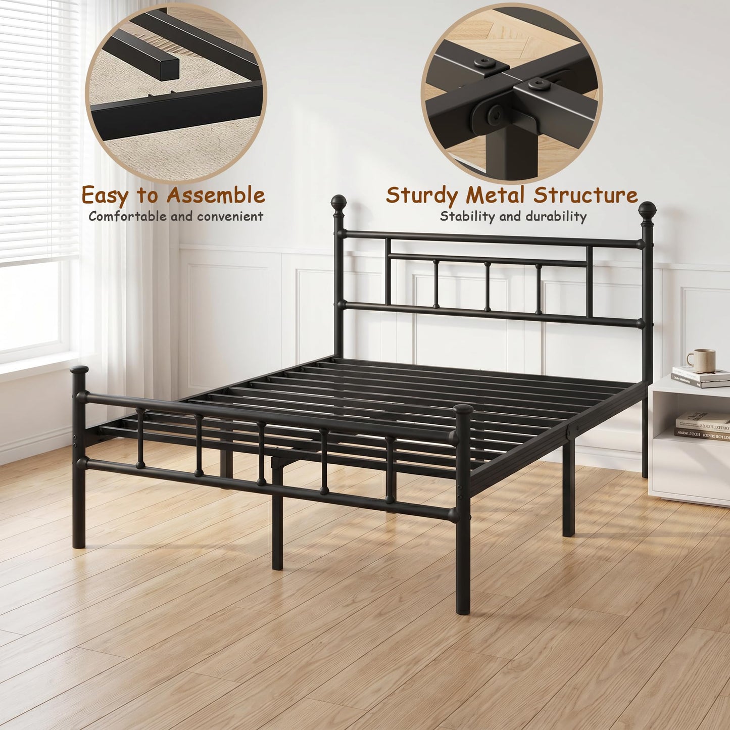 Apextella Home 4ft6 Double Bed Frame Heavy Duty Steel Bed with Headboard and Footboard Black Metal Slat Support and 32cm Underbed Storage Space Easy