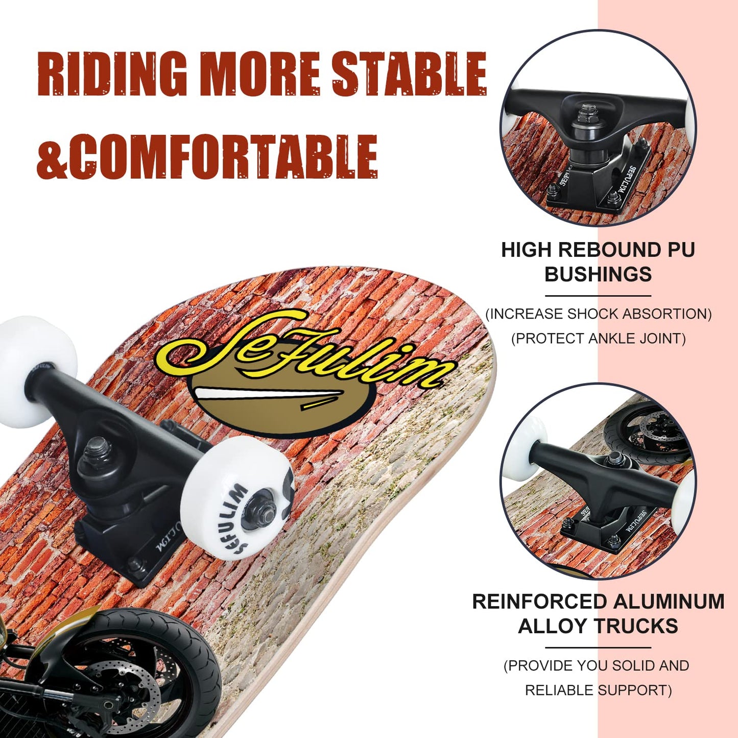 Sefulim 31 x 8 Inch Complete Skateboard 7 Layer Canadian Maple Double Kick Deck Skateboard for Boys Girls Teens Adults Beginner