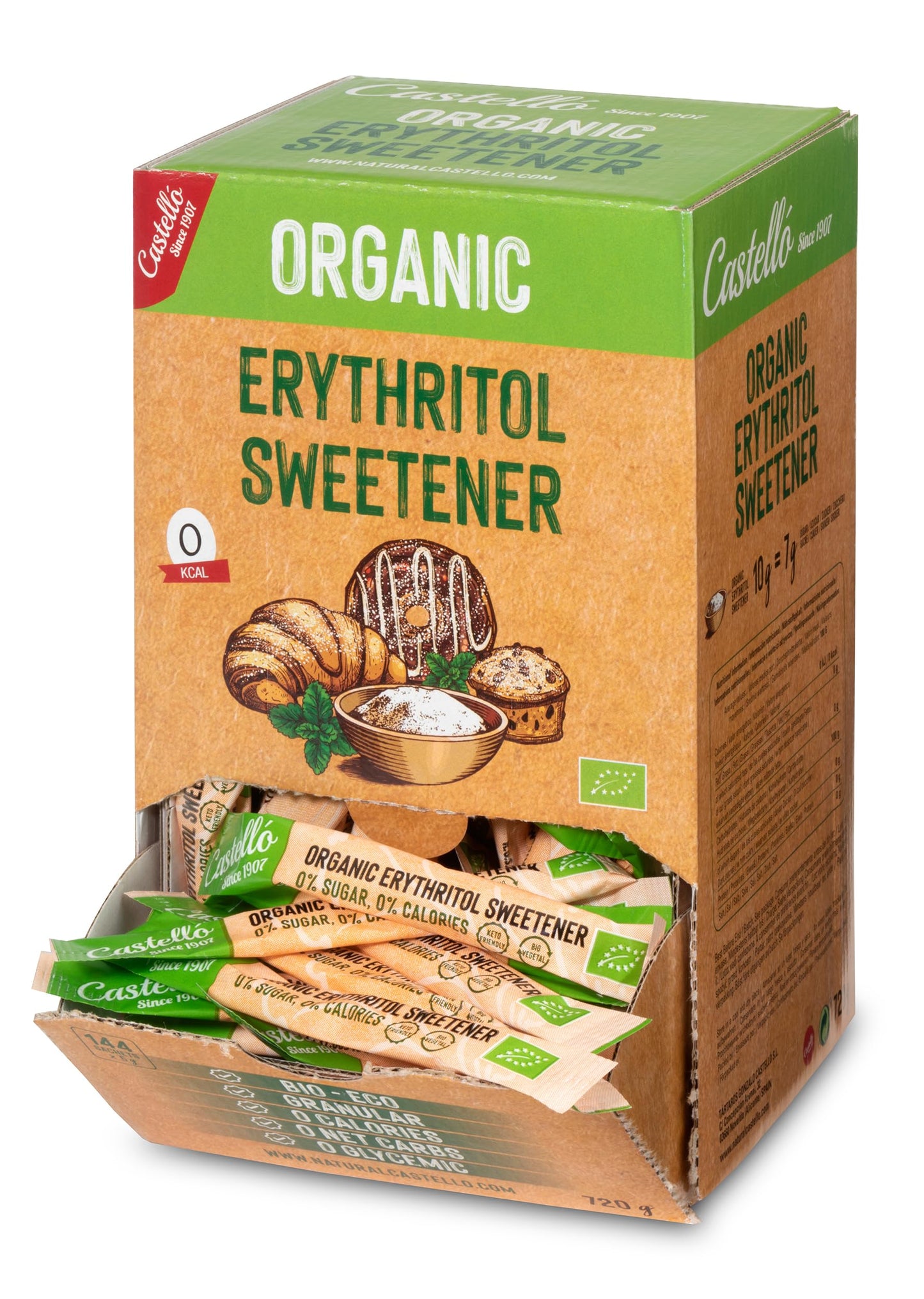 Castello since 1907 Erythritol Sweetener Organic Bio Eco | 144 sachets of 5g | Sugar Substitute - Keto and Paleo Friendly - 0 Glycemic - 0 Calories -