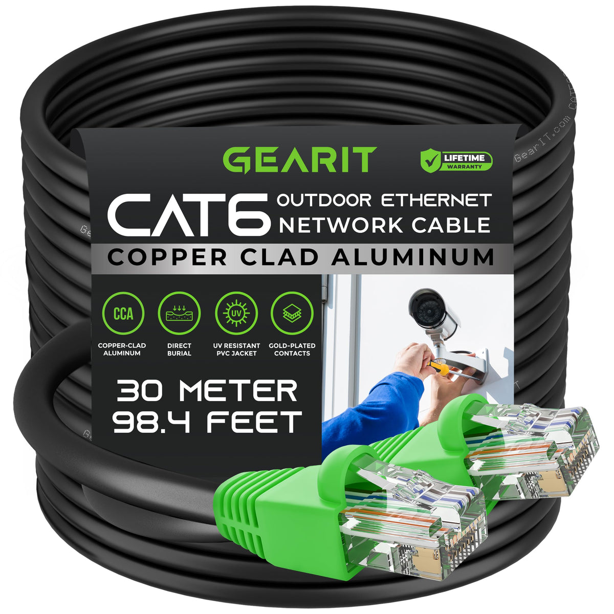 GEARit Cat6 Outdoor Ethernet Cable (30 Meters) CCA Copper Clad, Waterproof, Direct Burial, In-Ground, UV Jacket, POE, Network, Internet, Cat 6, Cat6