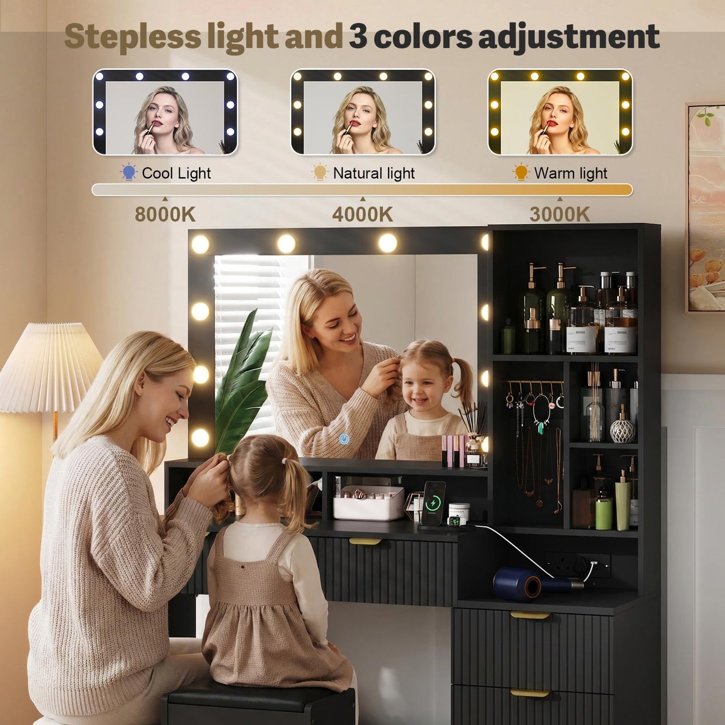 JUMMICO Dressing Table with LED Lights,Vanity Desk with Mirror and 5 Drawers,Modern Makeup Desk with Jewellery Hooks and Power Outlet for Bedroom