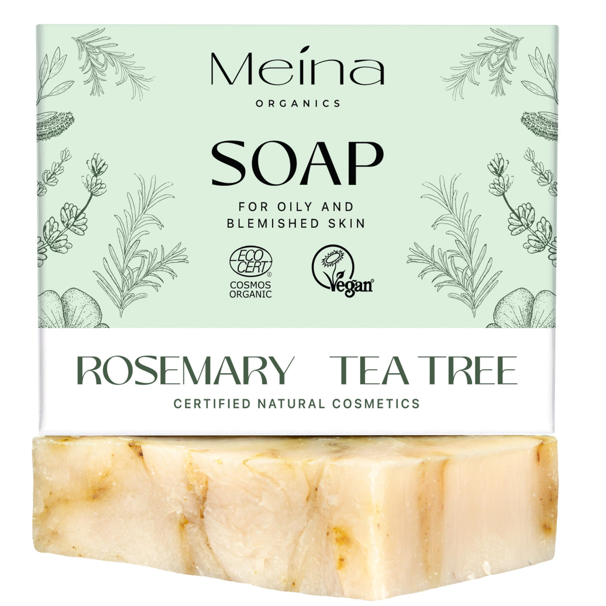 Meina Tea Tree Soap Bar with Organic Rosemary Oil against Pimples and Oily Skin without Palm Oil, 100% Natural Certified, Face and Body, Vegan,