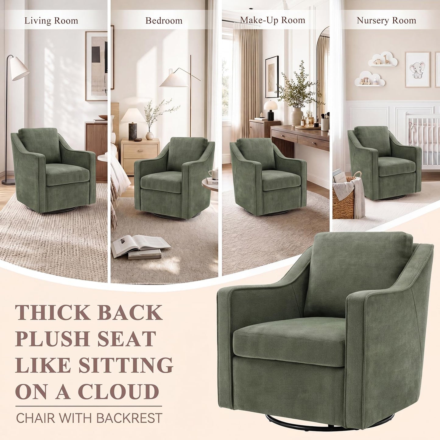 Swivel Armchair for Living Room, 360° Rotating Living Room Chair, Linen Fabric Accent Chair with Removable Seat Cushion & Pillow