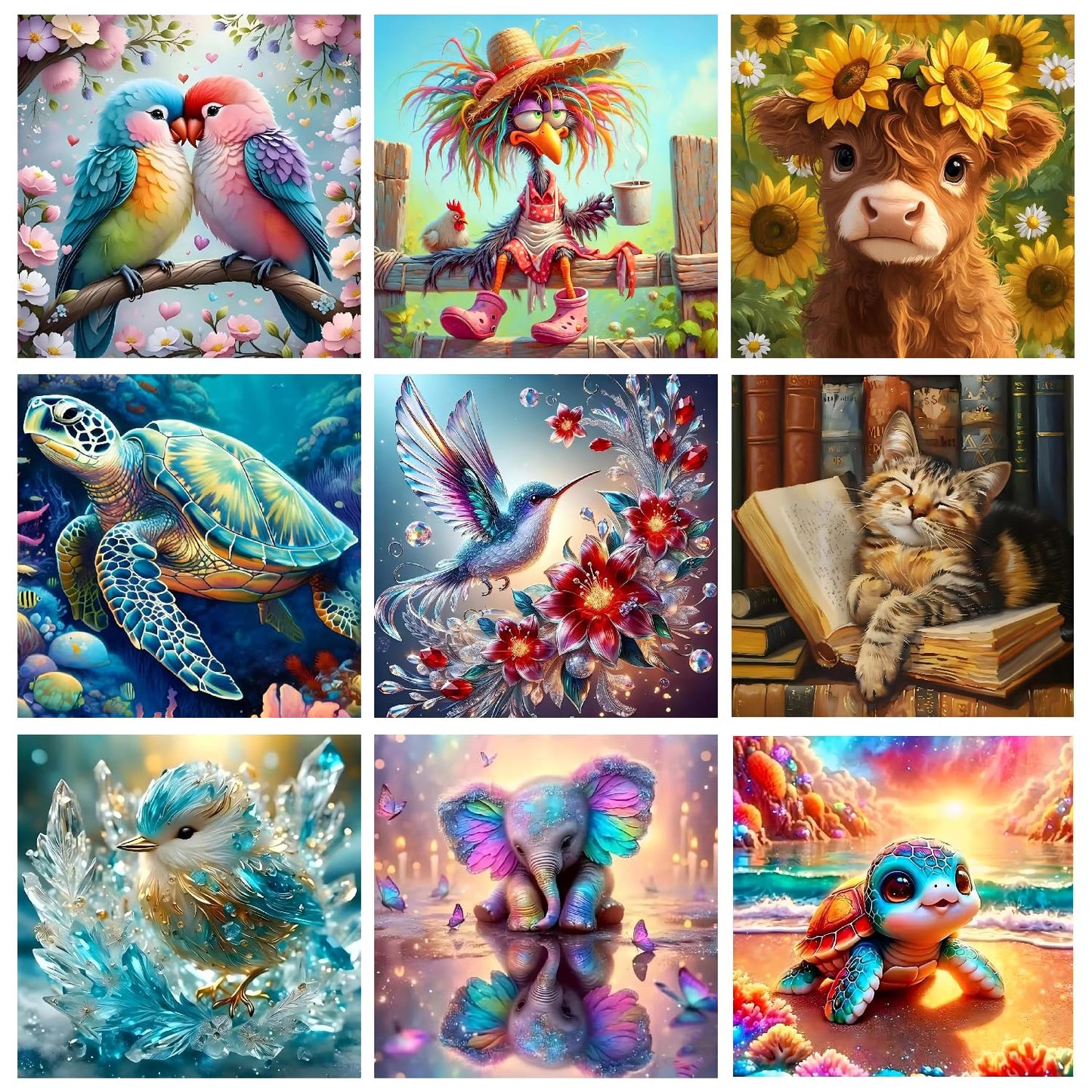 GJSZZO 9 Pack Diamond Painting Kits for Adults, Animal Diamond Art Kits for Beginners, 5D DIY Full Drill Turtles Cow Elephant Hummingbird Cat Gem Arts