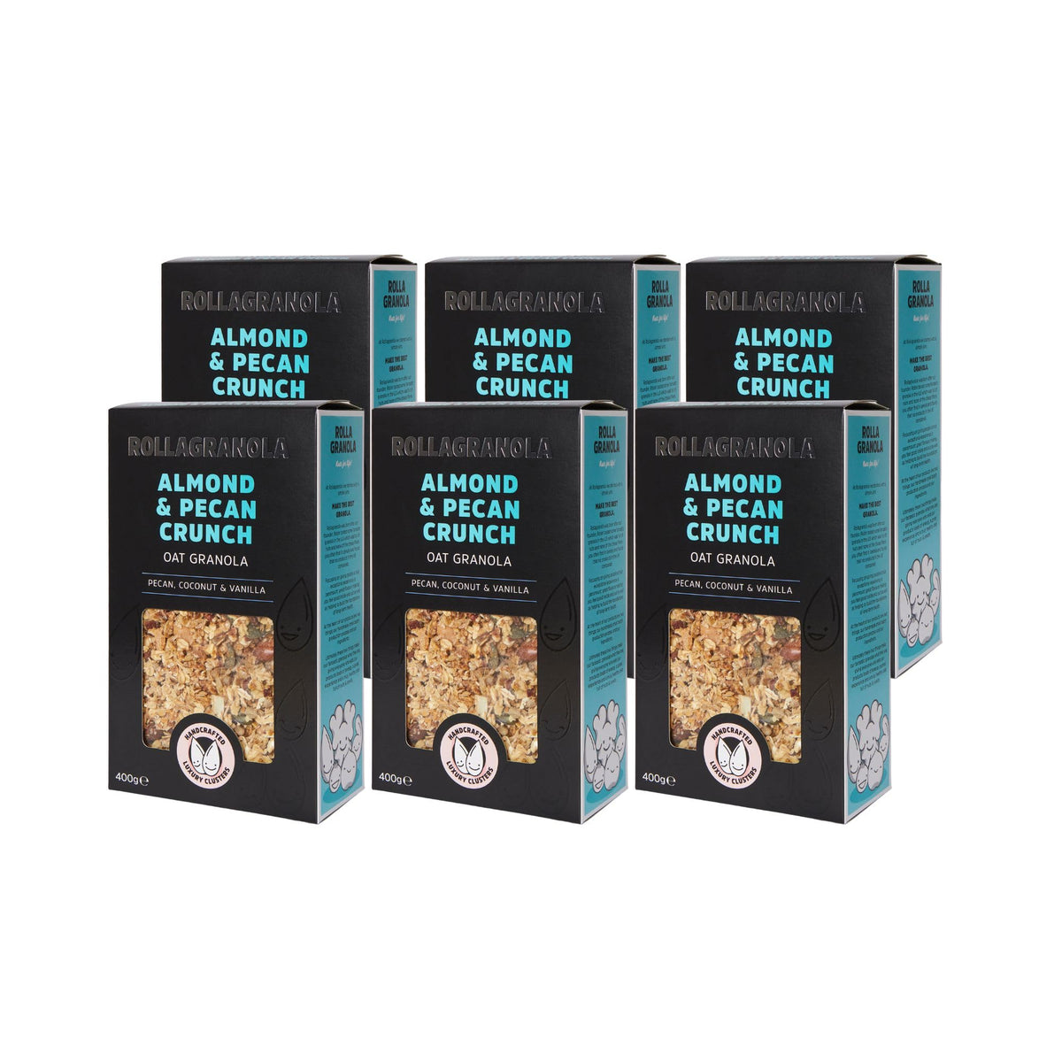 Rollagranola - Almond & Pecan Crunch Oat Granola - 6 x 400g Pack. 100% Natural, Made With Gluten Free Oats. Suitable For A Vegan Diet And Low In