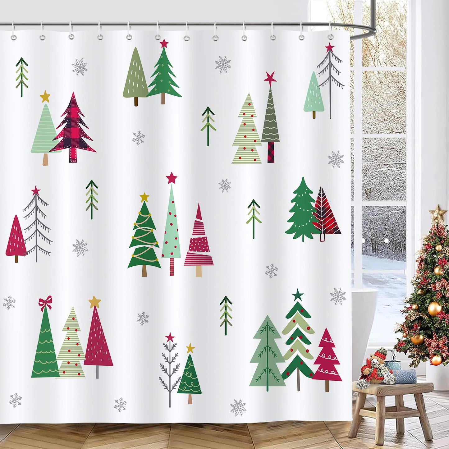 Bonhause Christmas Tree Shower Curtain Red Green Xmas Pine Winter Snowflake Bathroom Curtain 180 x 180 cm Waterproof Mildew & Mould Resistant