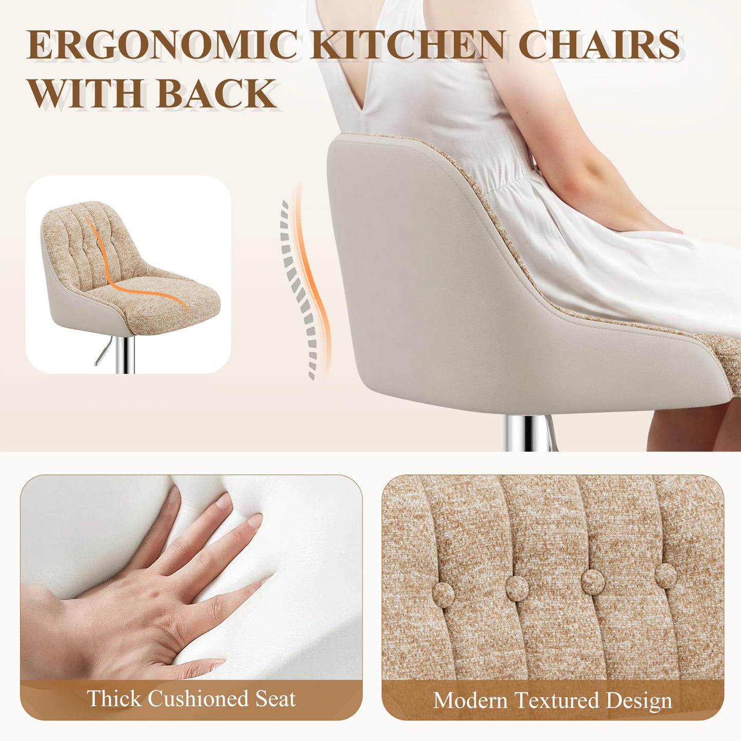 Adjustable Bar Stools Set of 2, Swivel Counter Stools with Backrest, Chenille & Faux Leather Upholstered Bar Chairs