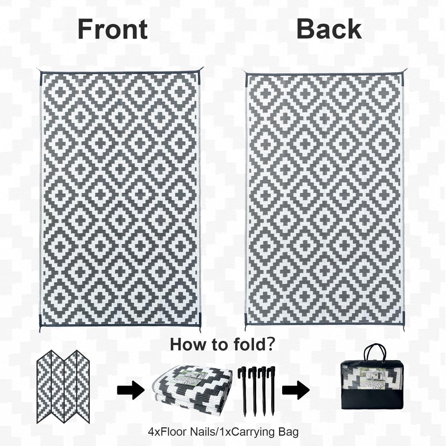 CHOSHOME Outdoor Waterproof Garden Carpet 120x180CM Lightweight Camping UV Resistant Portable Easy Cleaning Balcony Rugs for Picnic Beach BBQ Grey