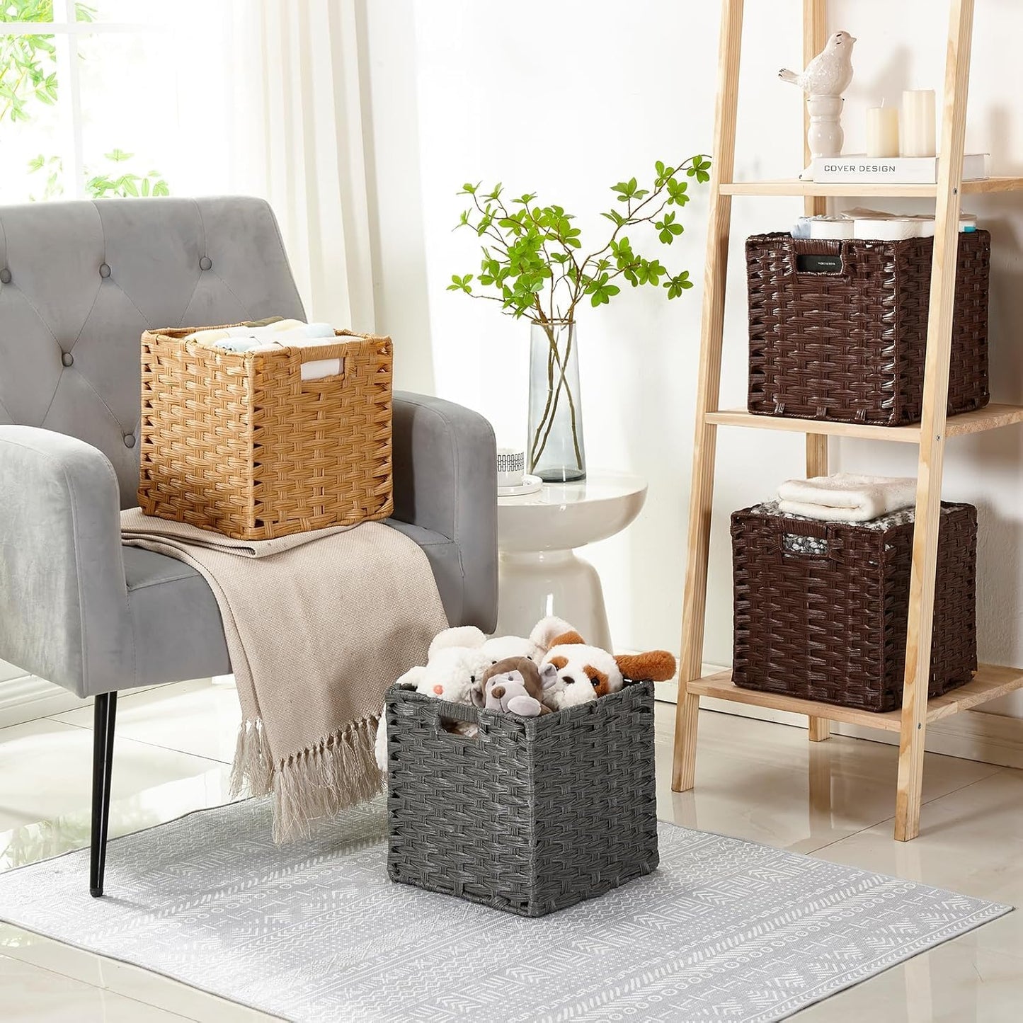 Mangata 25 cm Storage Cube Boxes for 27 cm Closet, Rattan Effect Storage Baskets, Wicker Woven Polyrattan Material Closet Organizer, 25x25x25 cm