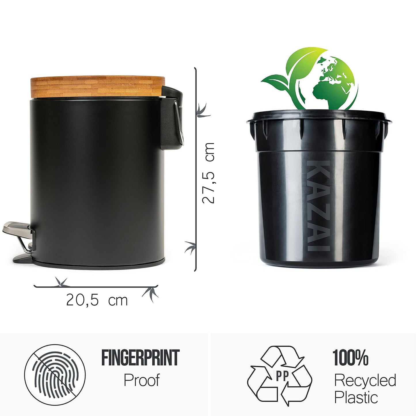 Kazai. 5L Designer Bathroom Bin | Superior Bamboo | Soft Closing | Anti-Finger | Black