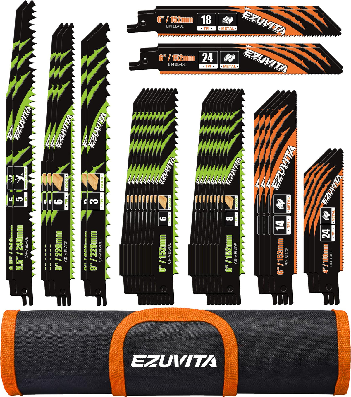 EZUVITA 36-Piece Reciprocating Saw Blade Set with Organizer Pouch - Metal&Wood Cutting, Pruning Saw Blades