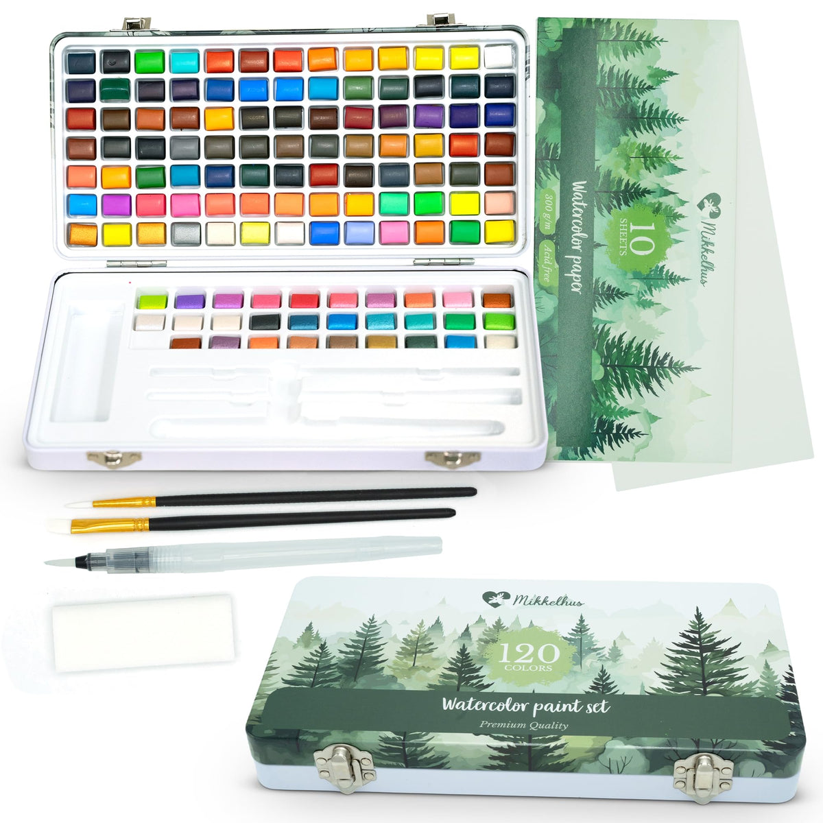 Mikkelhus Watercolor Paint Set, Vivid Colors in a Beautiful Gift Box. With Brushes and Watercolor Paper for Artists and Hobby Painters. 120