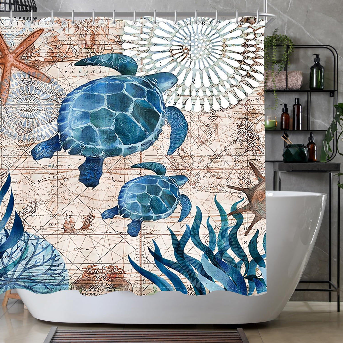 Lerores Shower Curtain 120 x 200 cm, Sea Turtle Pattern, Weighted Hem, Mildew Proof, Waterproof, Washable Polyester Fabric Shower Curtain, with