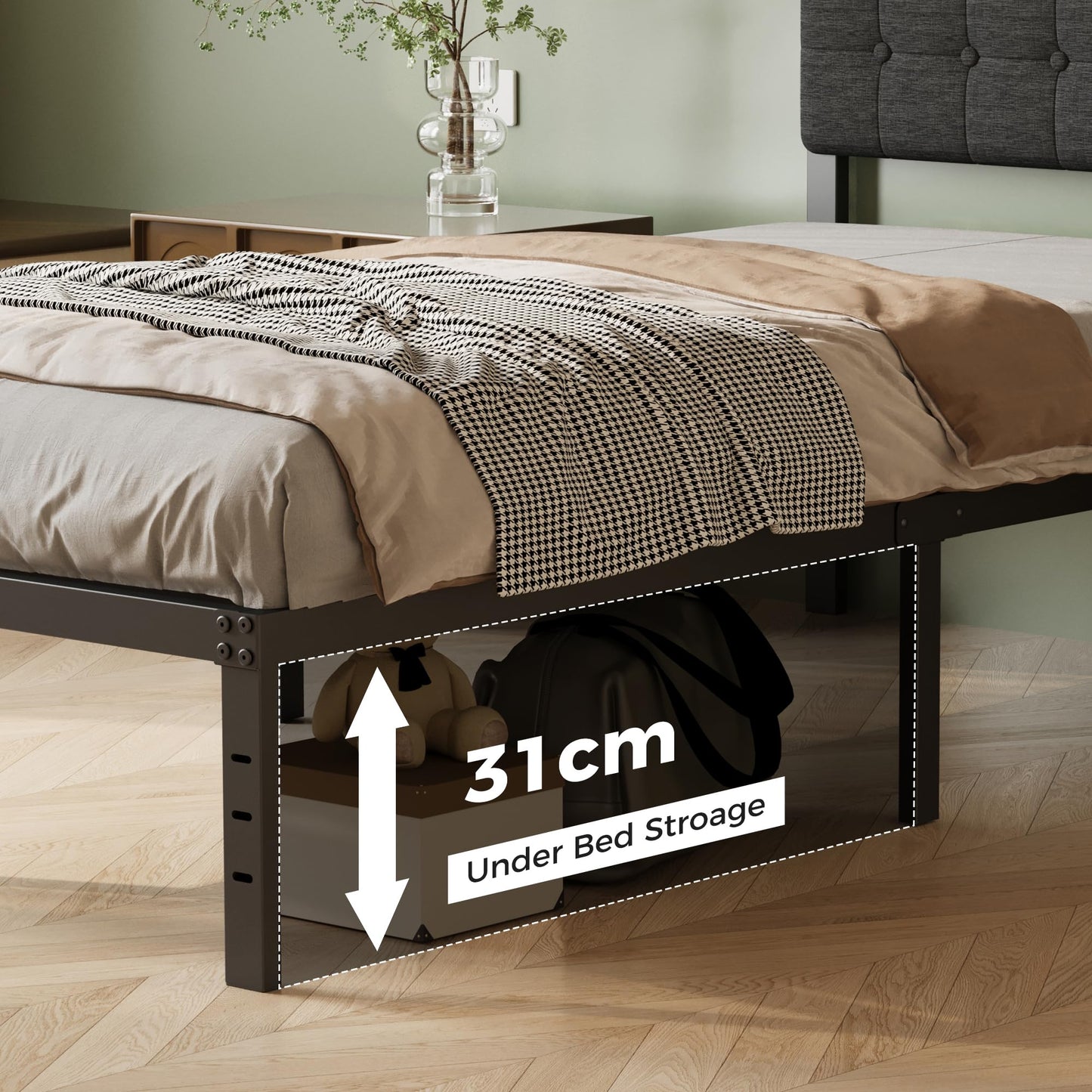 Lutown-Teen 2ft 6 Small Single Bed Frame with Black Upholstered Headboard