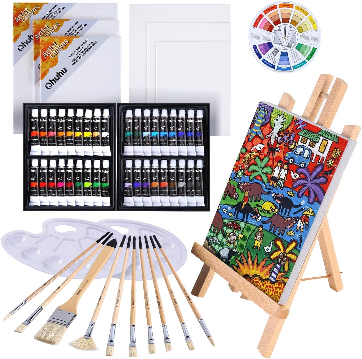 Oil Painting Set, Ohuhu 56pcs Painting Set with Table Top Easel, 36X12ml Oil Paints Tubes, Bristle Art Painting Brushes, Canvas, Art Supplies for