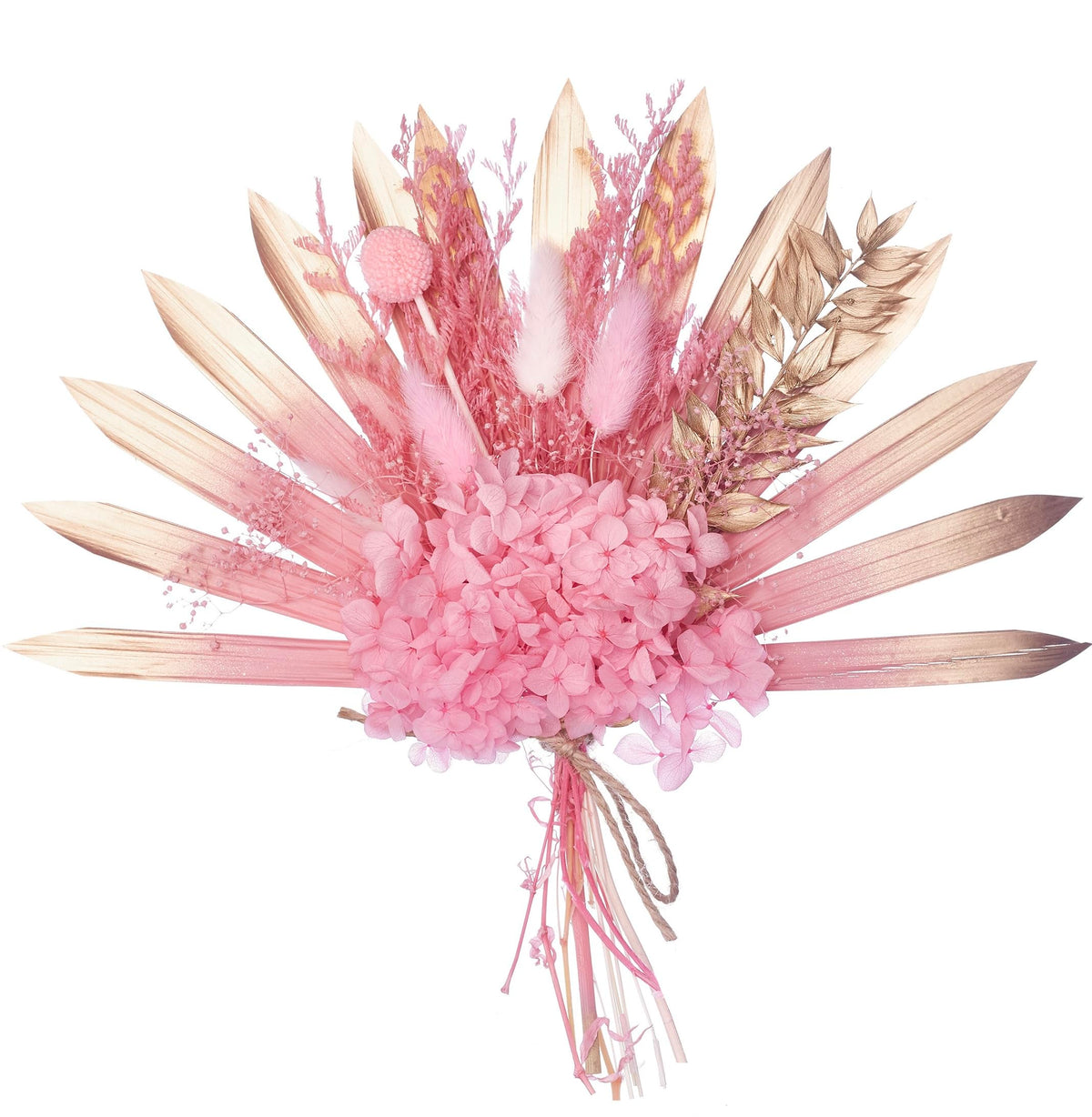 The Baked Studio - Dried Flower Cake Topper Set With Hot Pink & Gold Ombre Sun Palm Leaf Leaves & White Dried Flowers For Cake Decorating (Hot Pink &