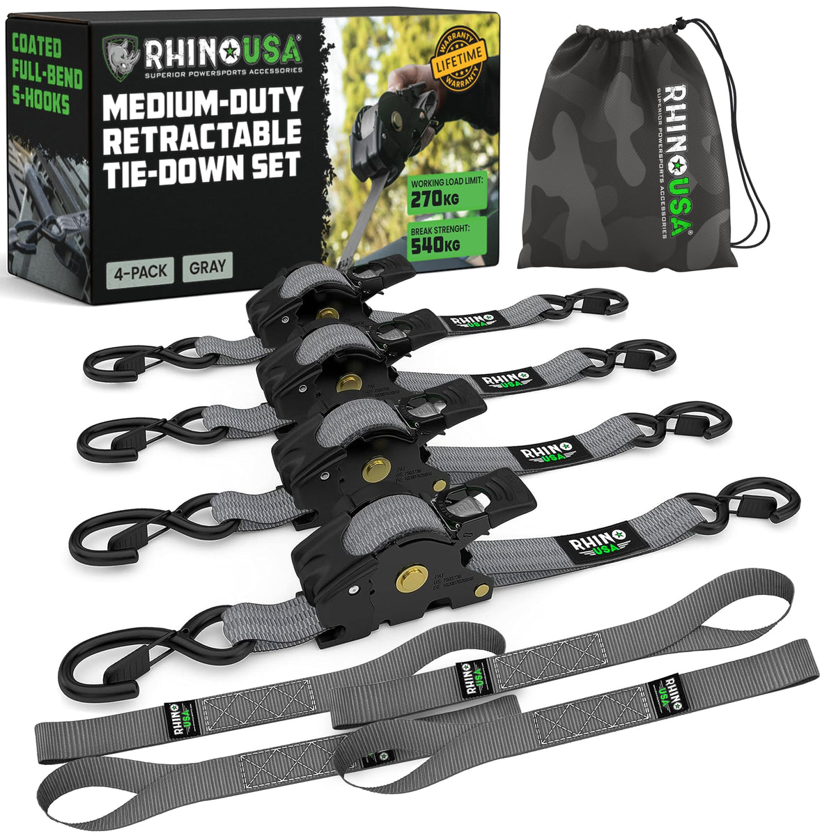 Rhino USA Retractable Ratchet Straps (4-Pack) - 2.5cm x 3m (540kg Break Strength) - Medium Duty Auto Self-Retracting Tie Down Straps for Truck, Cargo