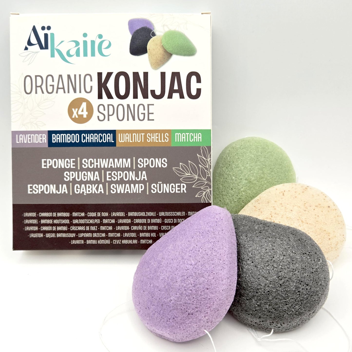 Konjac Organic Face Sponges Combined with Green Tea, Charcoal, Lavender and Nut Shells | Set of 4 Teardrop Sponges | Natural Vegetable Cleansing