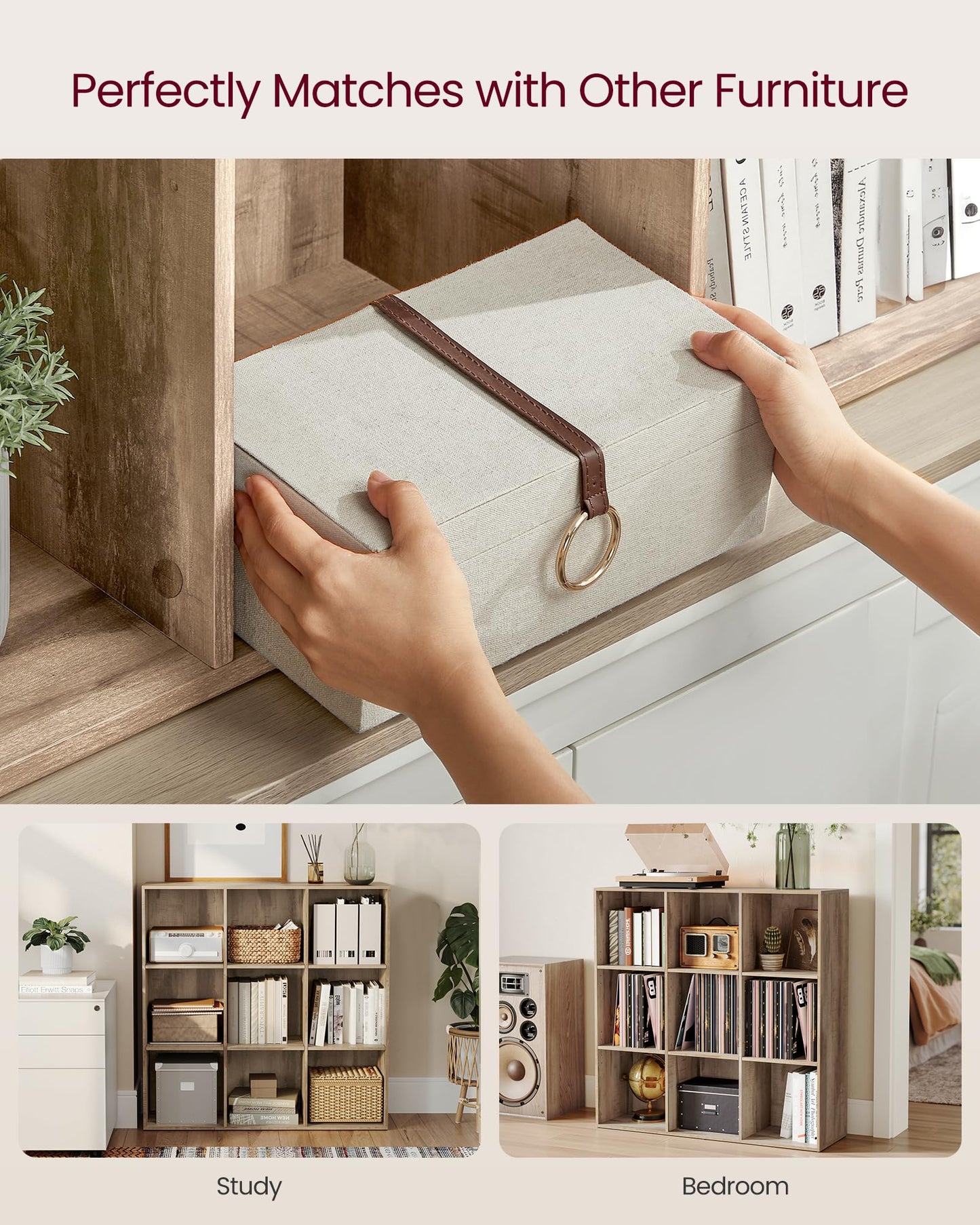 VASAGLE Bookcase, Bookshelf, Storage Shelf with 9 Compartments, Standing Shelf, Cube Shelf, for Living Room, Home Office, Dinning Room, Camel Brown