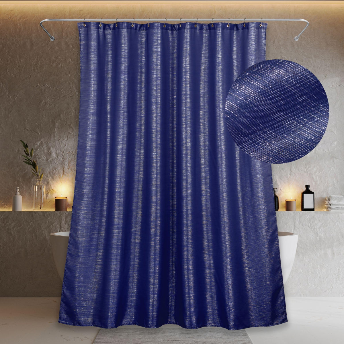 Popkozzi Blue Glitter Shower Curtain: Silver Sparkle Bling Shiny Metallic Shimmer for Bathroom - Anti Mould Water Repellent Washable Polyester - 183 x