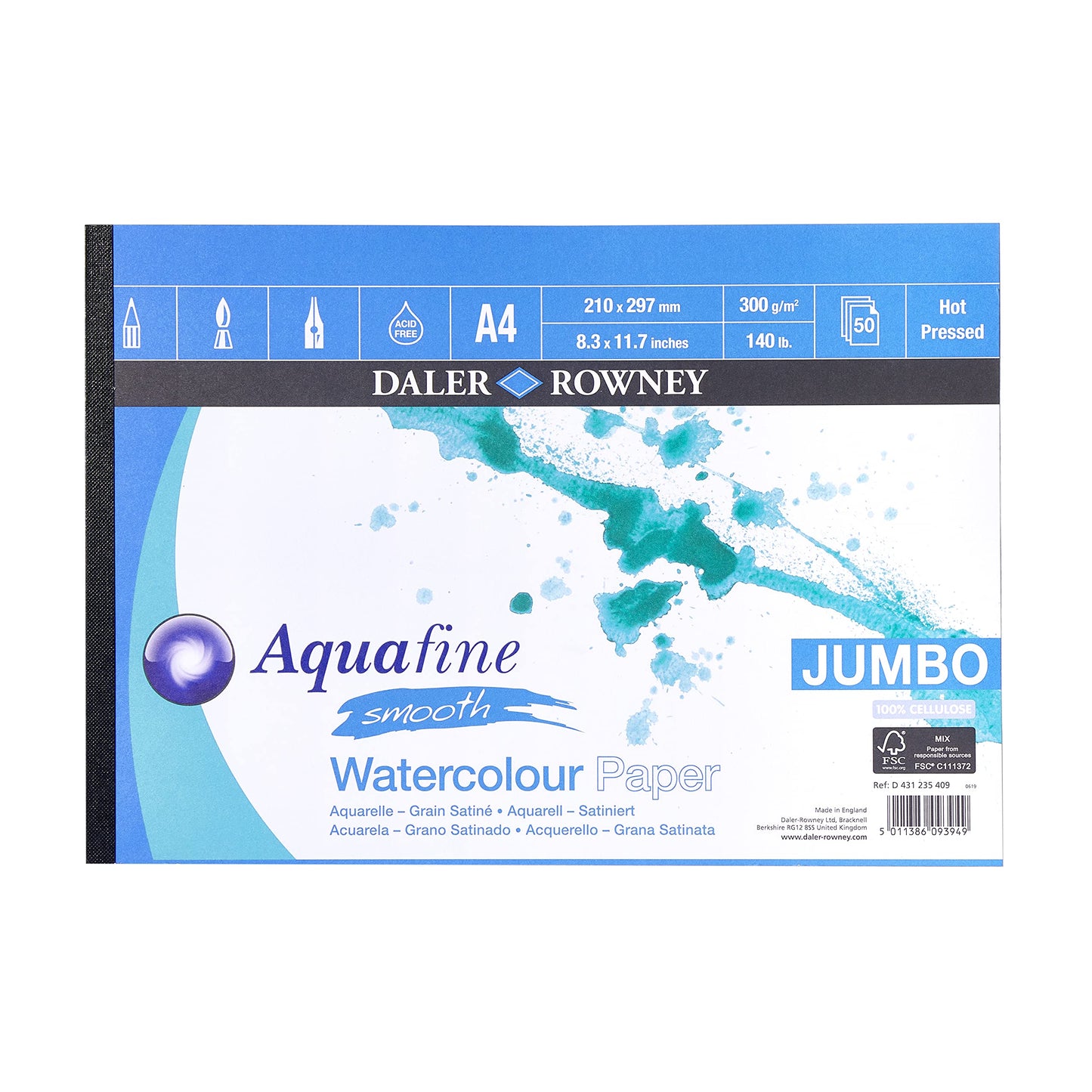 Daler-Rowney Aquafine Smooth Hot Pressed 300gsm Watercolour & Gouache A4 Paper Pad, Glued 1 Side, Natural White, 50 Sheets, For Professional &