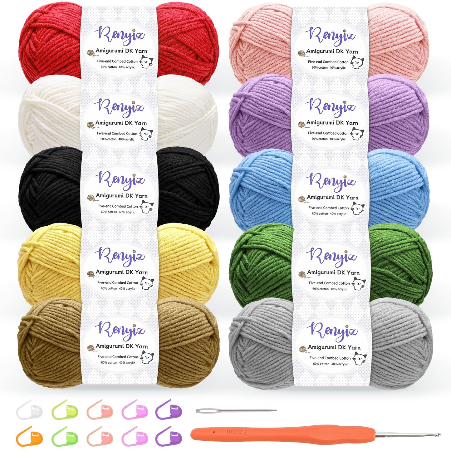 Crochet Yarn, 10 x 50g Cotton Yarn (60% Cotton & 50% Acrylic) DK Wool for Crochet with 2.5mm Hook & Accessories, Suitable for Baby Wool Crafts &