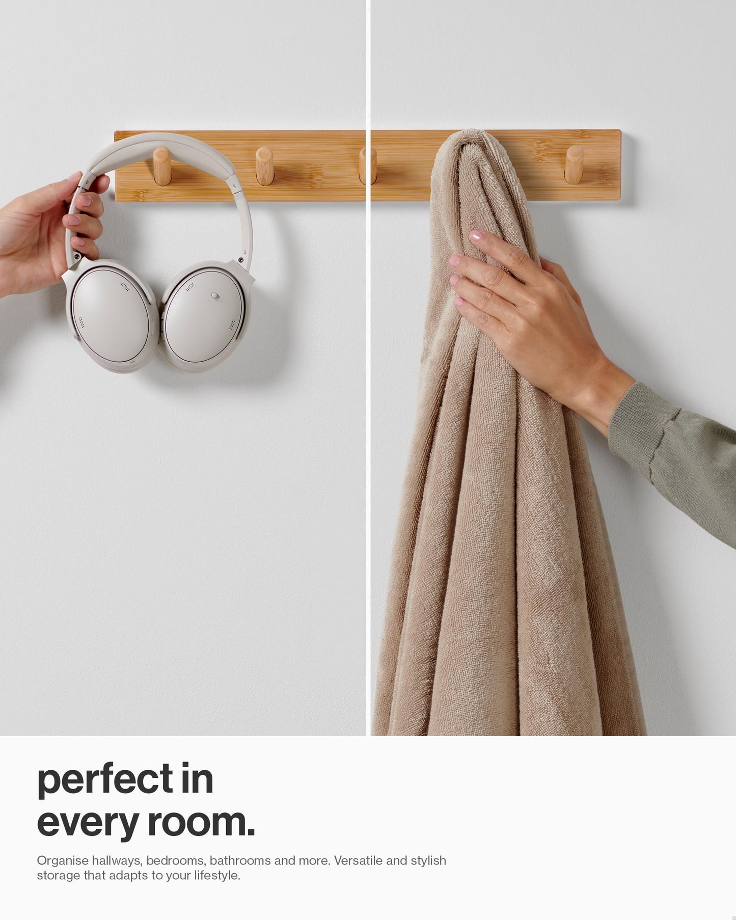 LARHN Wooden Wall-Mounted Coat Rack, 2-Pack - 5 Coat Hooks, 43cm