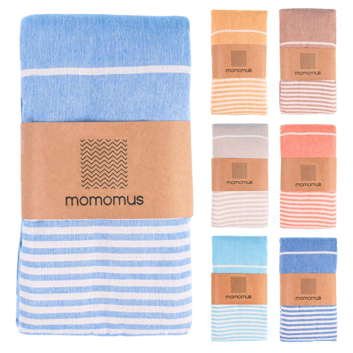 MOMOMUS Fouta XXL, Extra Large Beach Towel for Adults - Beach Picnic Blanket - 100% Cotton, with Fringes and Sand Free - Light Blue, 210x240 cm