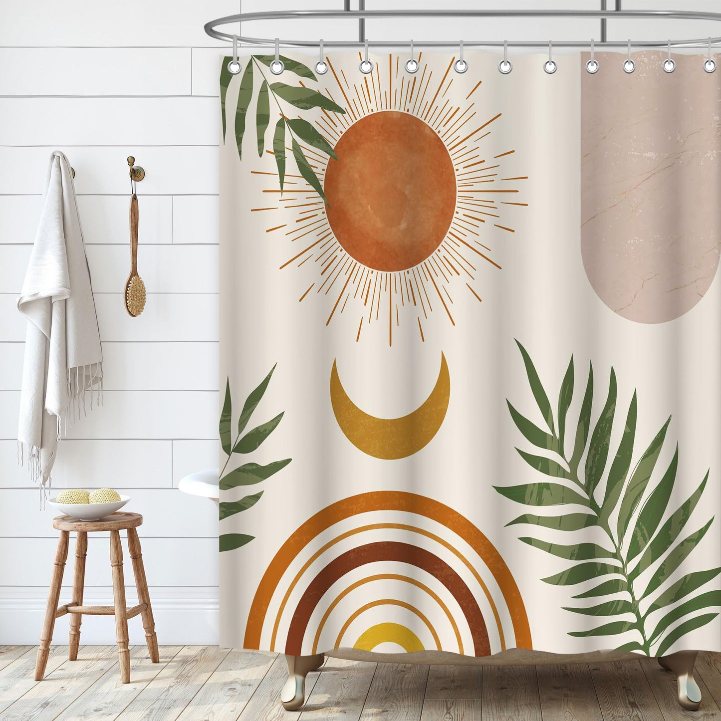 Kavier Vintage Boho Shower Curtain for Bathroom with 12 Hooks, Mid Century Abstract Shower Curtain Tropical Plant Bohemian Style, Pink Curtain for