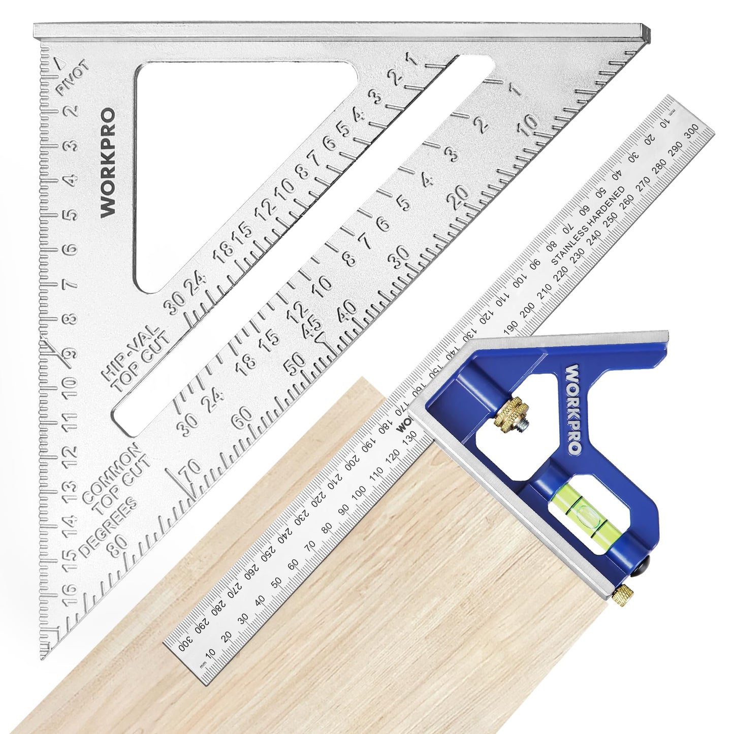 WORKPRO 180mm Speed Square and 300mm Combination Square Set, Aluminum Speed Square, Stainless Steel Combination Square, Adjustable Carpentry Square,