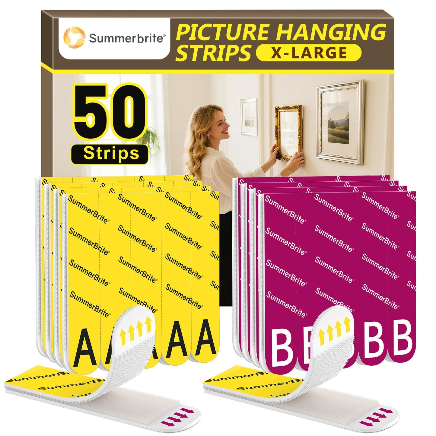 Summerbrite Picture Hanging Strips Heavy Duty 25 Pairs(50 Strips,XL),Damage Free Hanging Adhesive Strips,Mounting Tapes Removable,No Nails for Picture