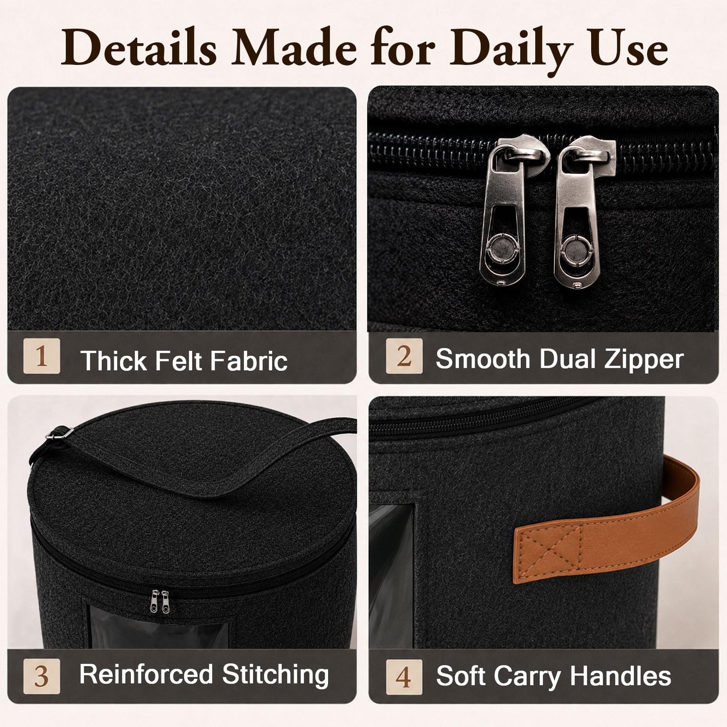 Hat Storage Box with Lid, 48x42cm Extra Large Round Felt Case with Handles