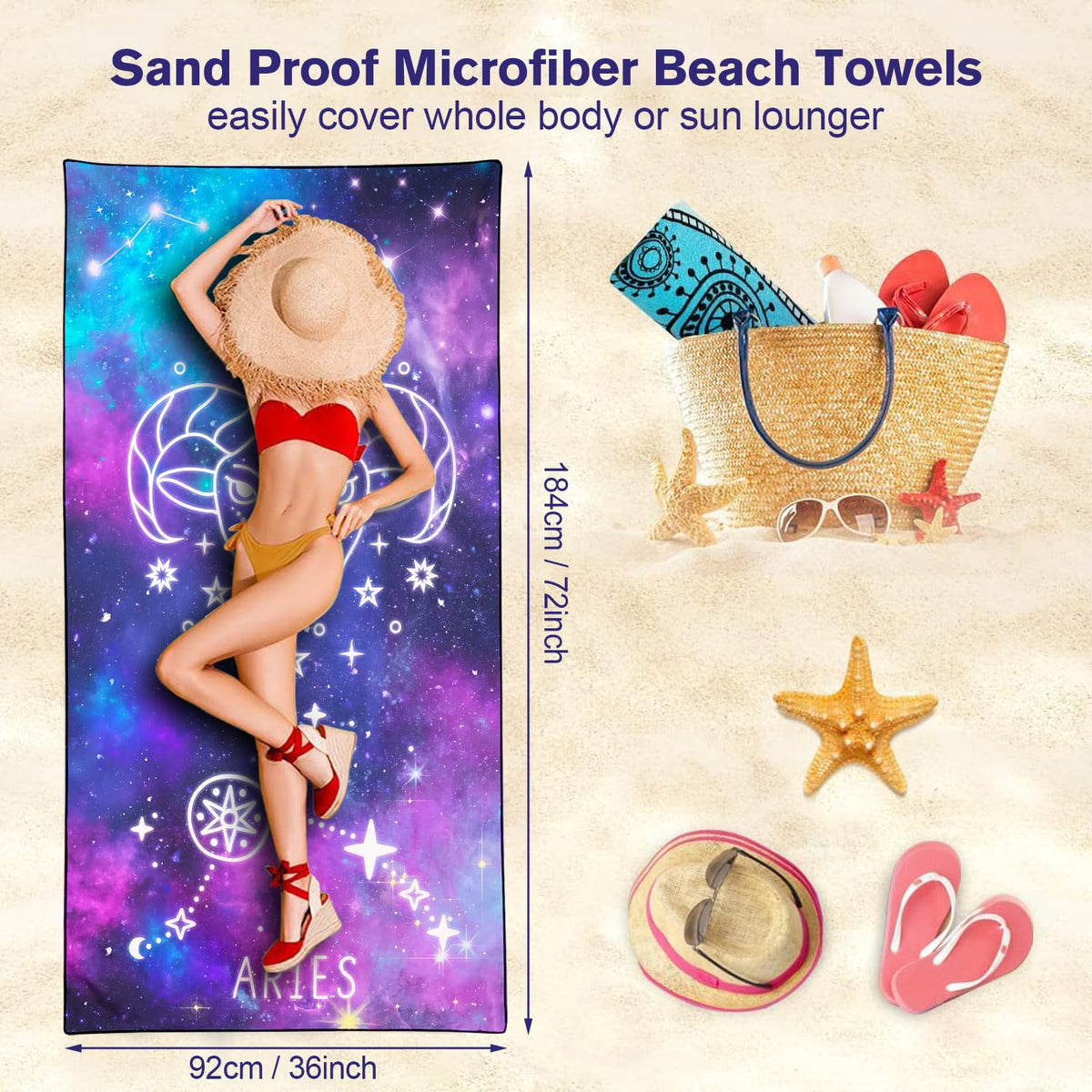 Violetpos Aries Zodiac Sign Beach Towel for Astrology Fans, Extra Large 180x90 cm 250GSM Microfibre, Sand Free Quick Dry