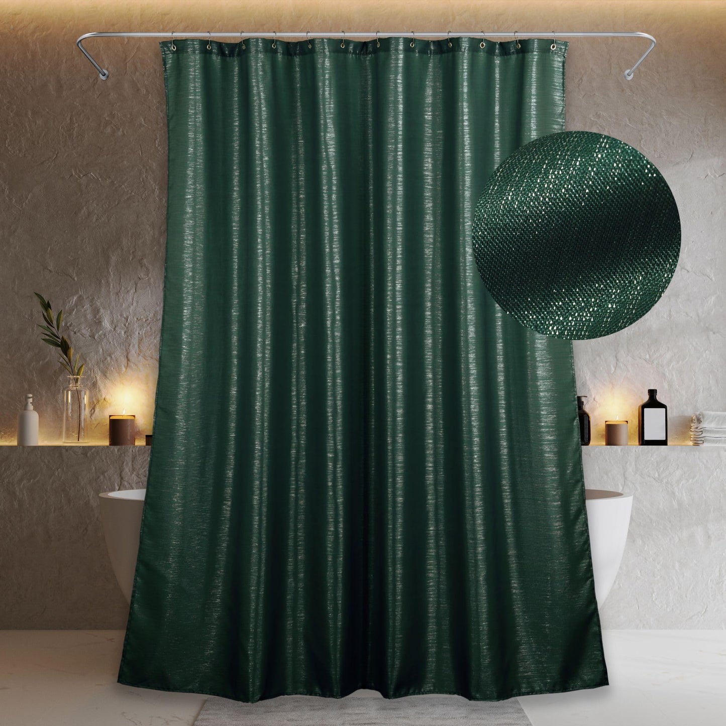 Popkozzi Dark Green Glitter Shower Curtain: Emerald Sparkle Bling Shiny Metallic Shimmer Curtain for Bathroom - Anti Mould Water Repellent Washable