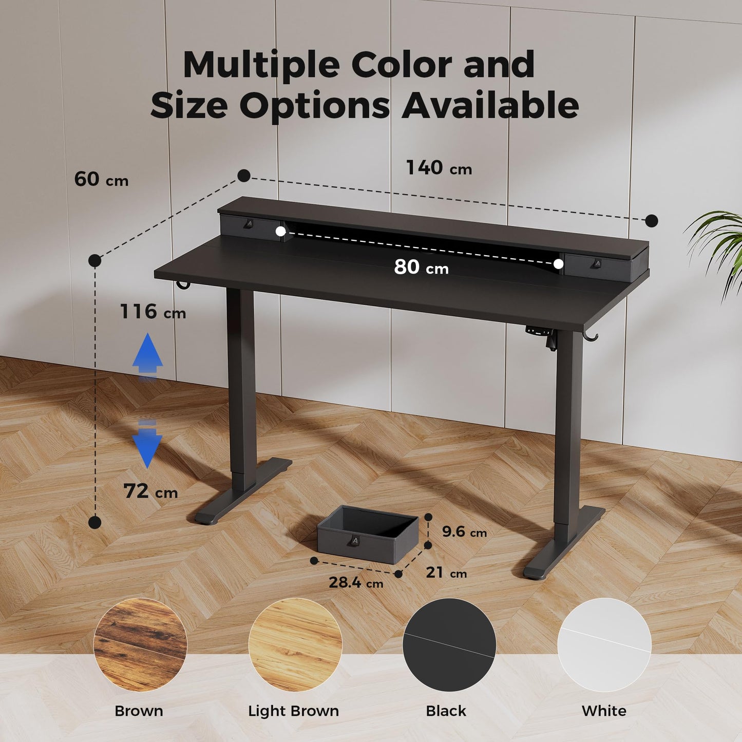 Agilestic Electric Adjustable Height Desk, with 2 Fabric Drawers, 140x60cm