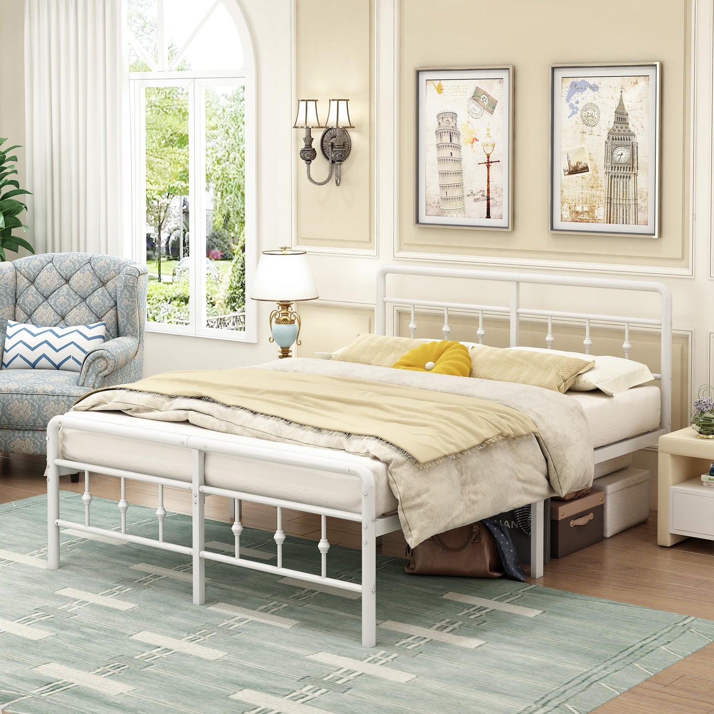 EMODA King Size Bed Frame 5ft with Headboard and Footboard, Metal Bed Frame 46 cm High with Steel Slats Support, Noise Free, Easy Assembly, White