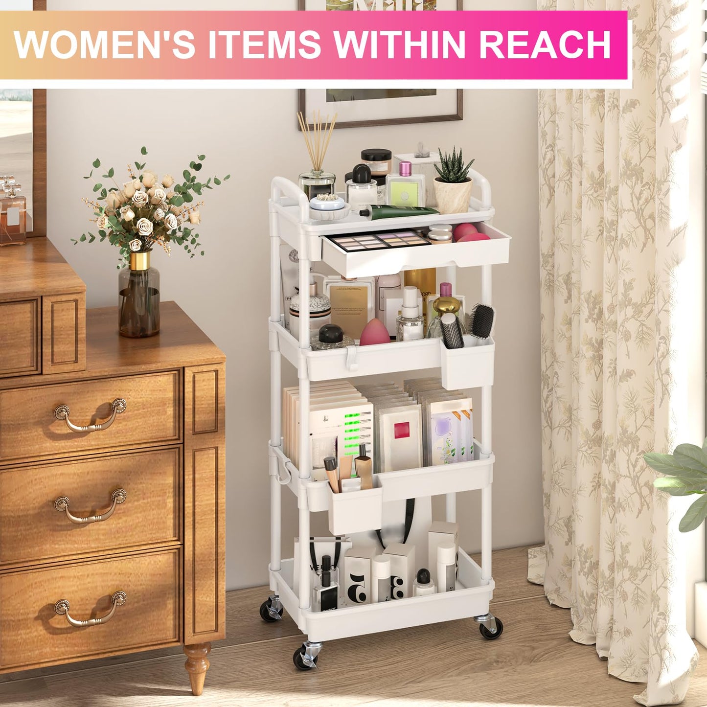 Yeabett 4 Tier Storage Trolley with Drawer, Utility Cart with Plastic Shelf & Lockable Wheels Multifunctional Storage Cart for Kitchen, Bathroom
