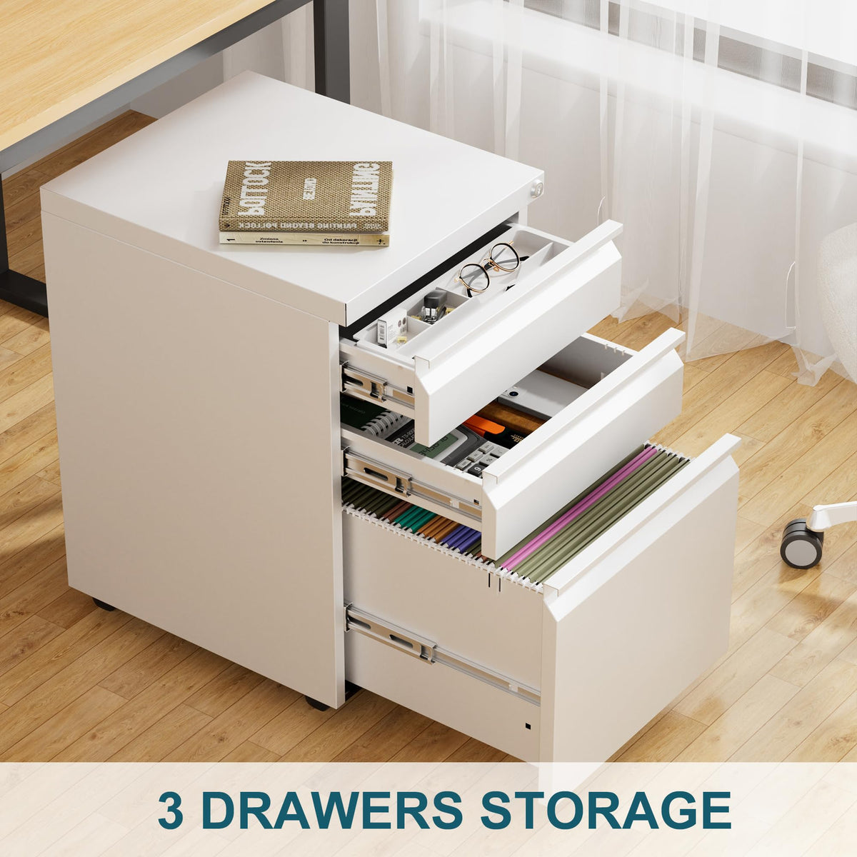 LVSTEEL Mobile Filing Cabinet, Lockable 3 Drawers with Suspension File Hanging Rails, With 4 Keys