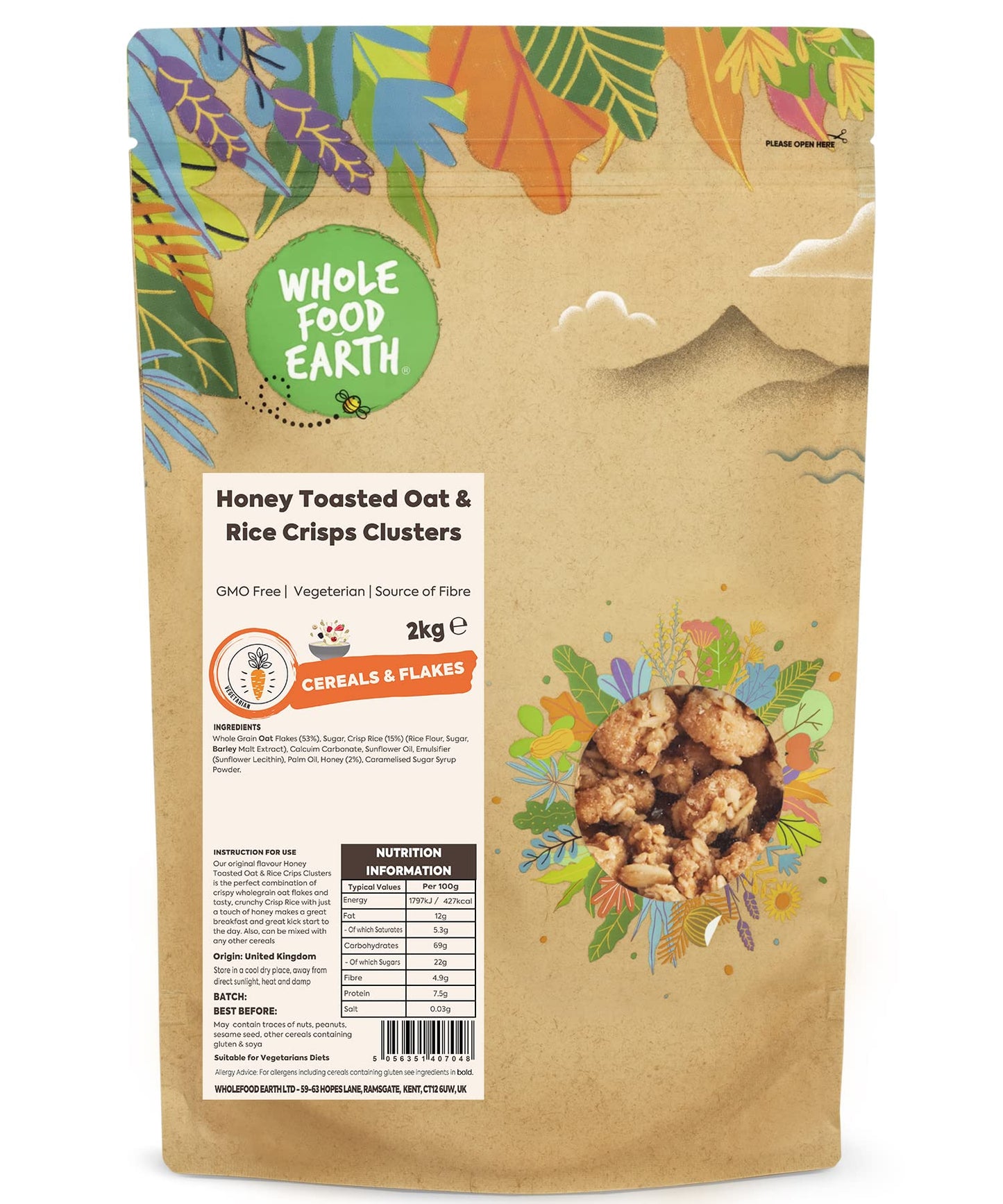 Wholefood Earth Honey Toasted Oat and Rice Crisps Clusters 2 kg | GMO Free | Vegeterian | Source of Fibre